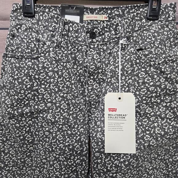 Levi's Black White Floral Baggy Dad Wellthread High Rise Straight Jeans Size 26 - Picture 7 of 16